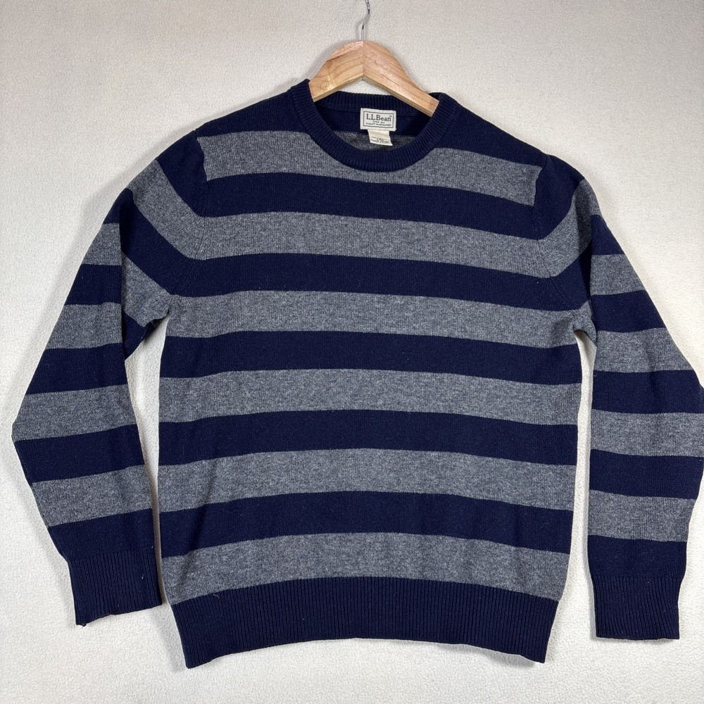 L.L. Bean Men's Navy and Gray Striped V-Neck Sweater